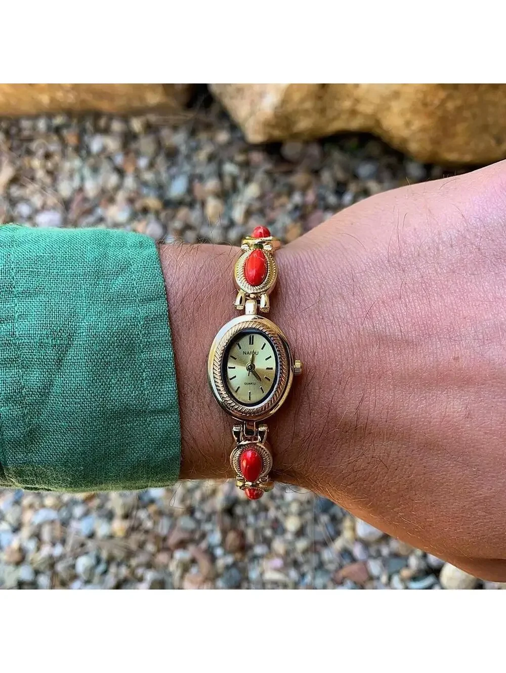 Y2k style Dainty cute Gold style tone quartz watch with red green jade stone